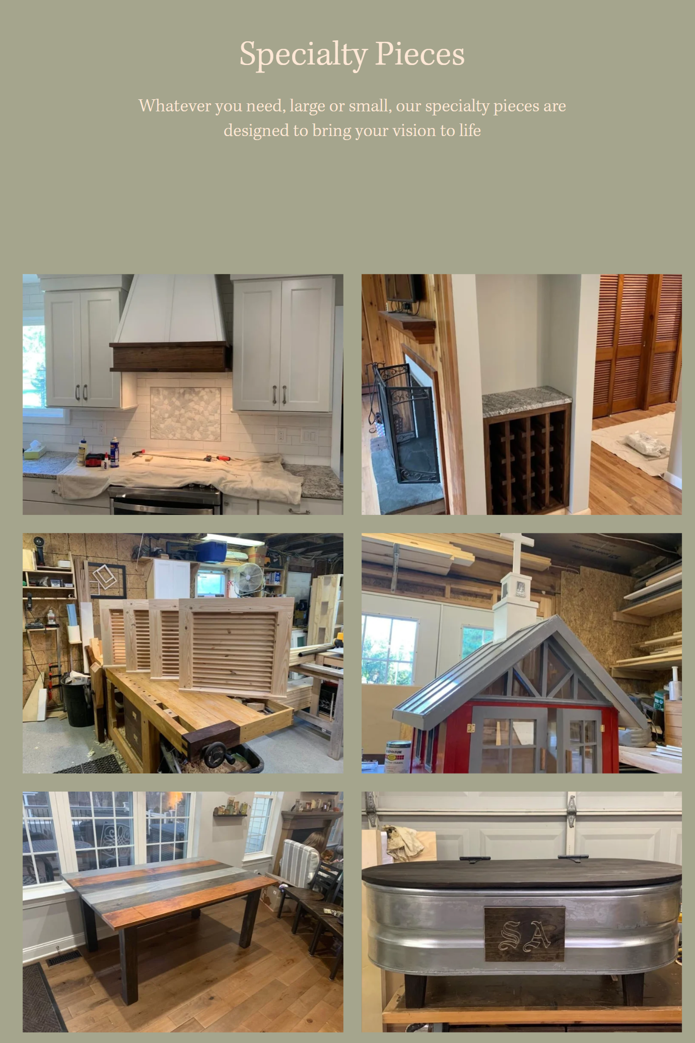Collage of eight images showcasing various home improvement and woodworking projects, including kitchen cabinets, a fireplace mantel, custom wood louvered shutters, a dollhouse, a dining table, and a vintage metal trunk.