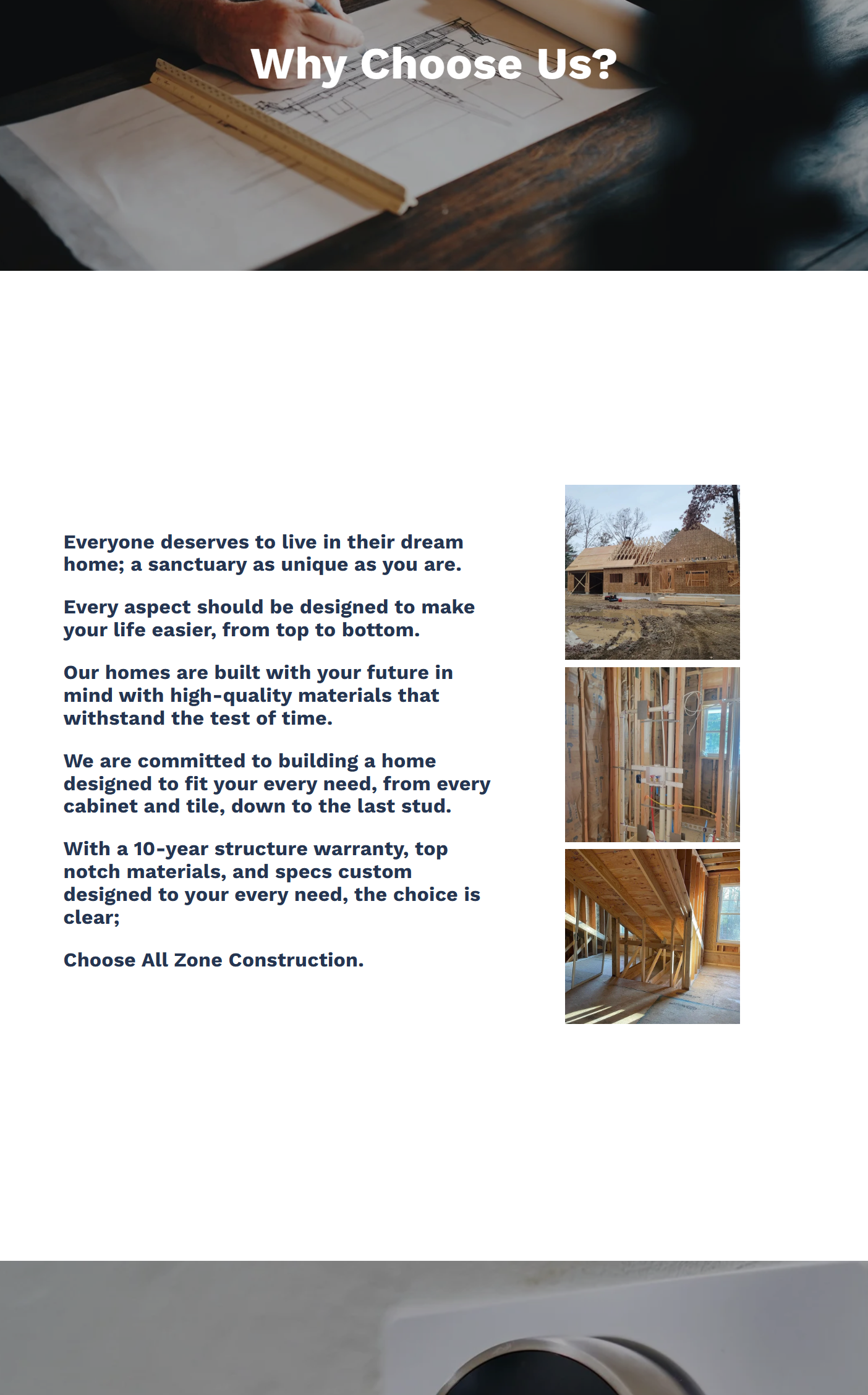 Brochure or webpage featuring images of house construction and a text block describing a home builder's services and commitment to quality.