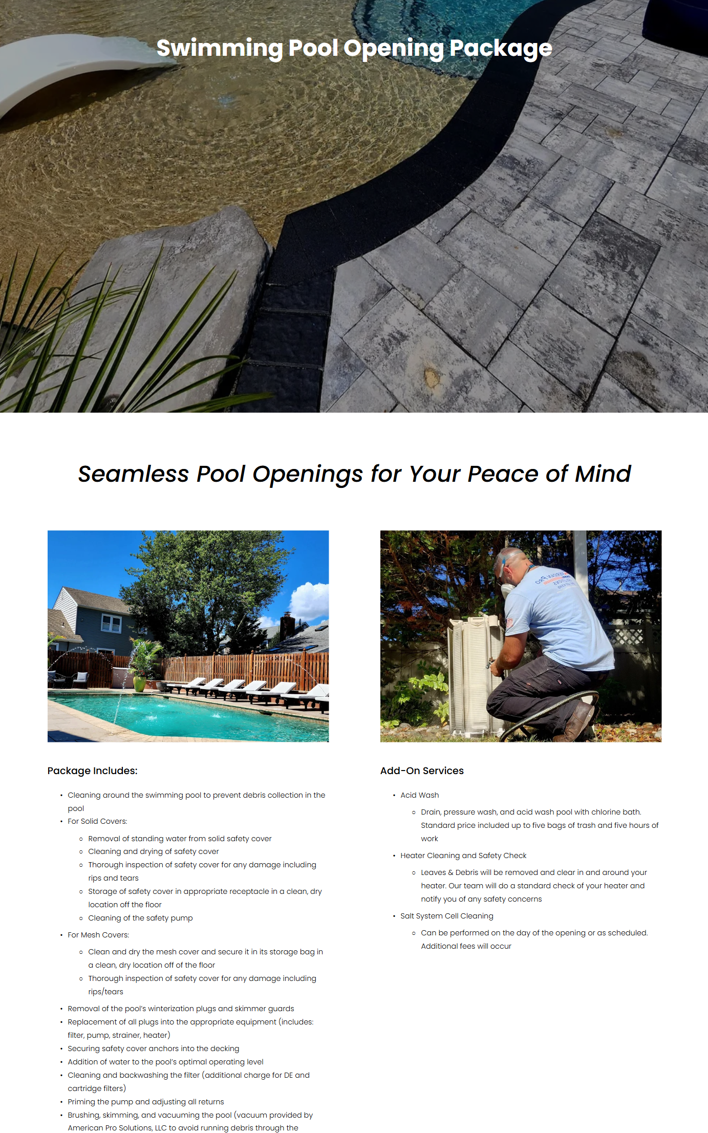 A swimming pool with a safety cover, surrounded by a stone patio, with a slide and some greenery in the background.