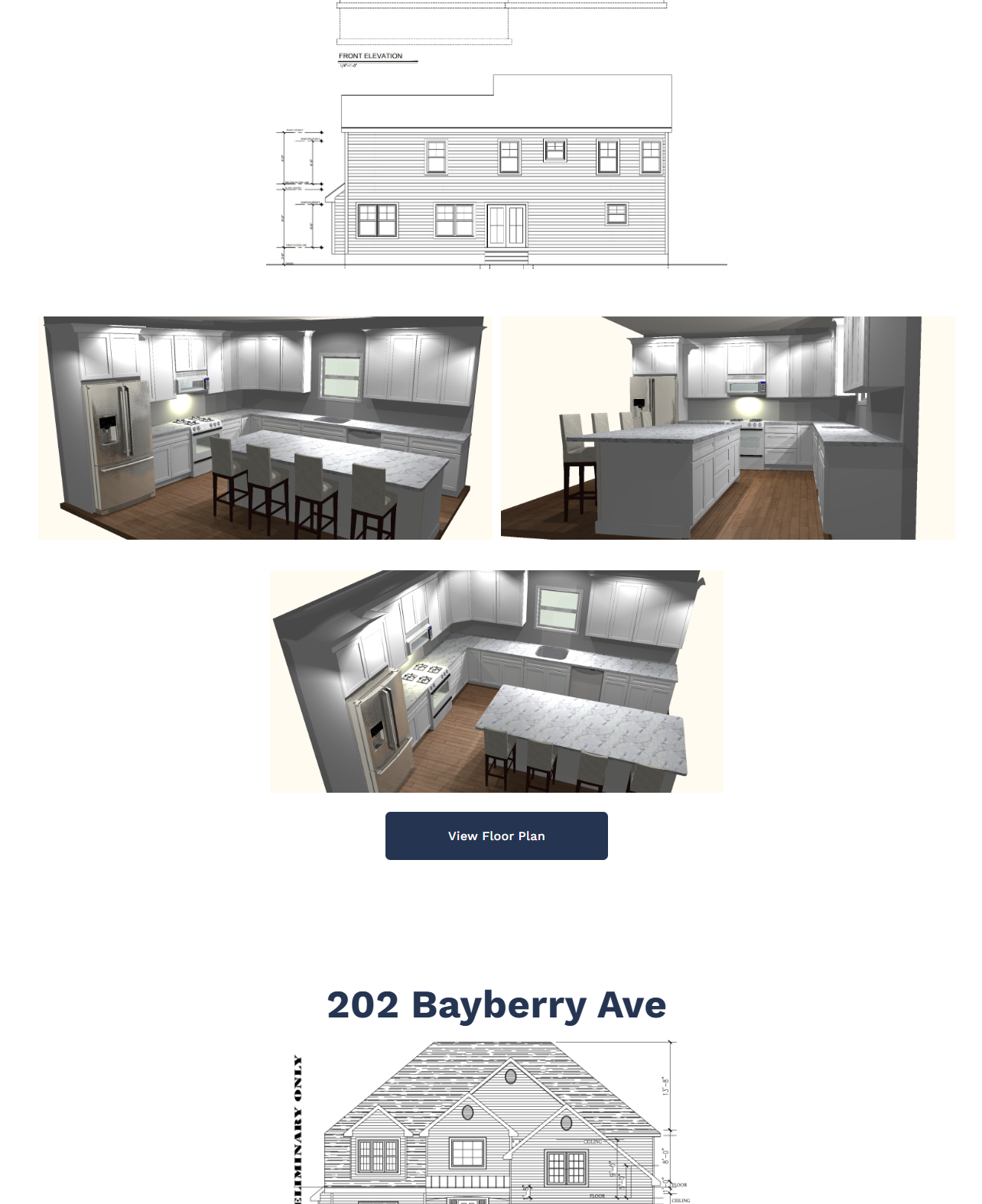 Architectural drawings and 3D renderings of a house's exterior and kitchen interior, with a "View Floor Plan" button and address "202 Bayberry Ave".