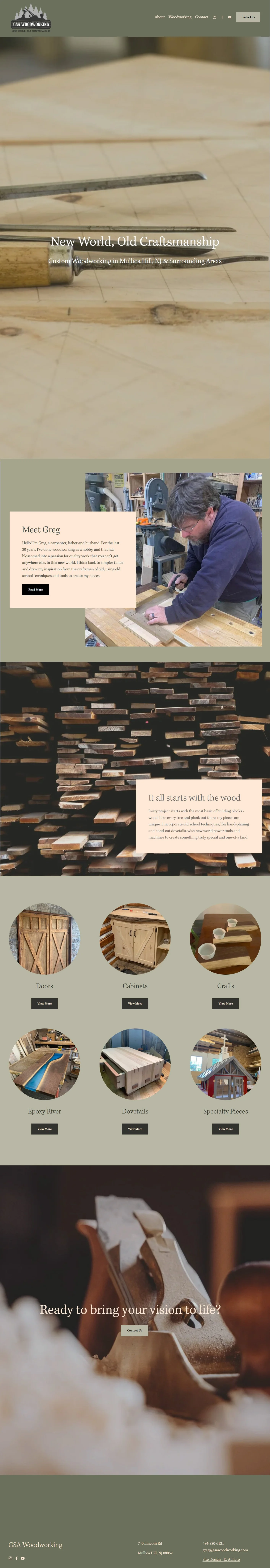 The webpage features woodworking tools, images of a craftsman working on a project, stacked wood, and icons for doors, cabinets, crafts, epoxy river, dovetails, and specialty pieces, promoting custom woodworking and craftsmanship.