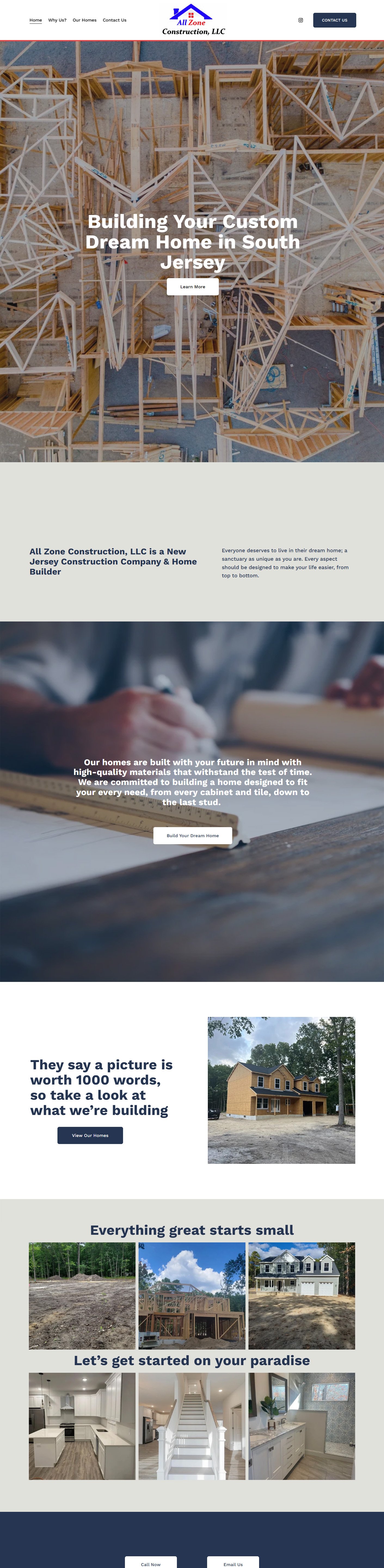 Website homepage for All Zone Construction, LLC, featuring images of house framing, construction progress, and finished homes.