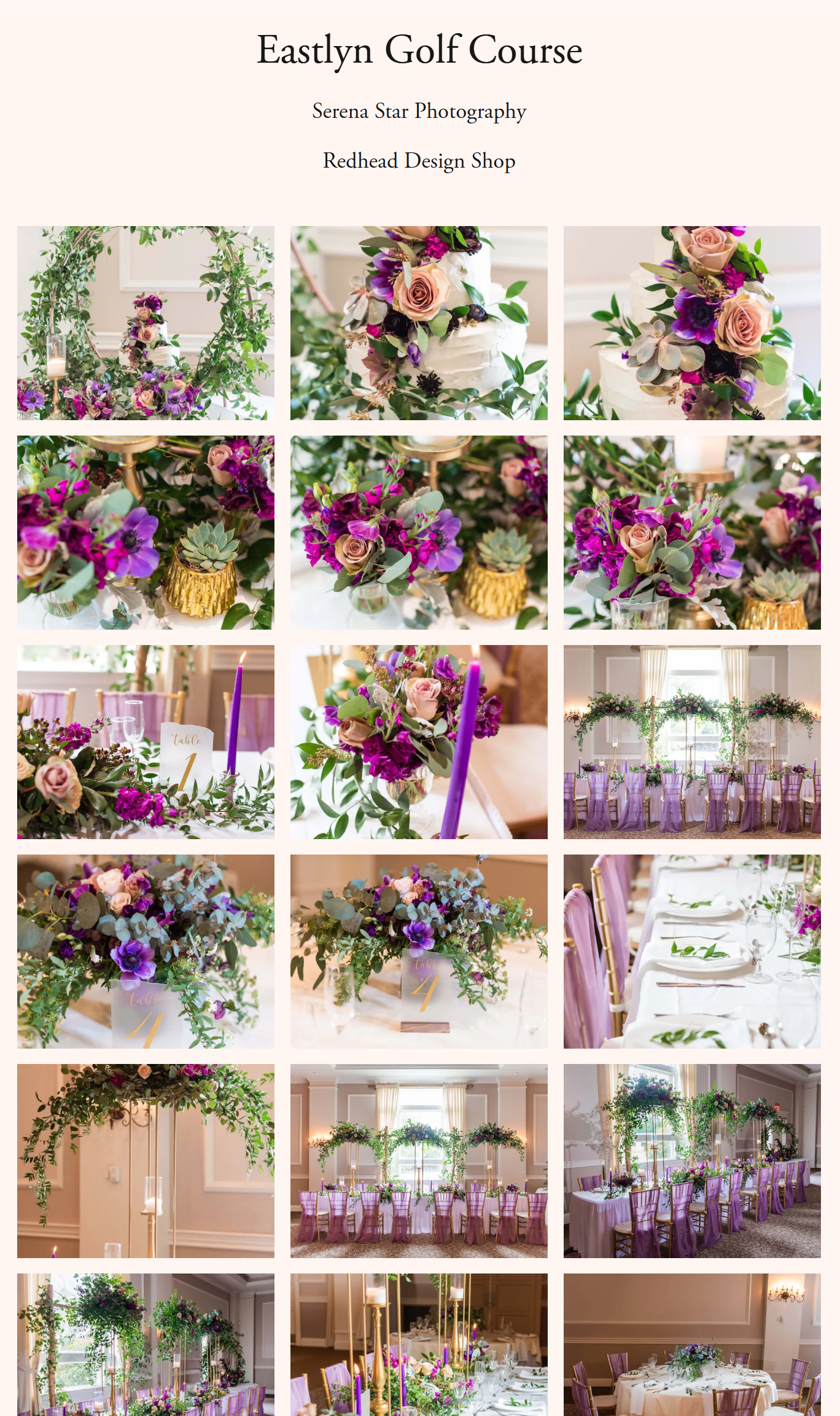 Decorated wedding tables and floral arrangements featuring pink roses, purple anemones, succulents, and greenery at Eastlyn Golf Course wedding reception.