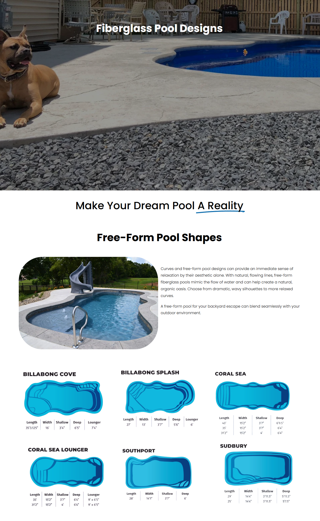 A webpage about fiberglass pool designs featuring a large lawn and a dog resting beside an in-ground pool, with additional pool shape options displayed at the bottom.