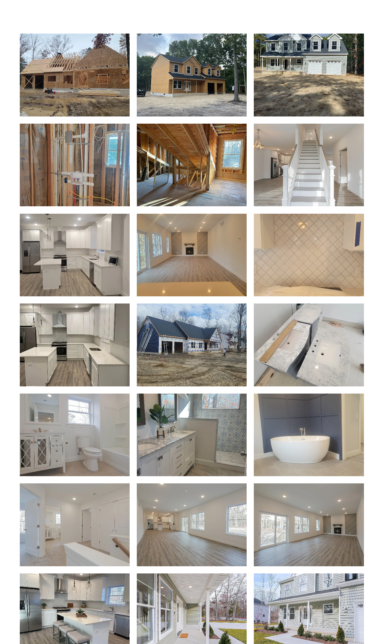 A collage of homes and interiors showing front and back views of houses under construction, completed interiors of kitchens, living rooms, bathrooms, and exteriors of existing homes.