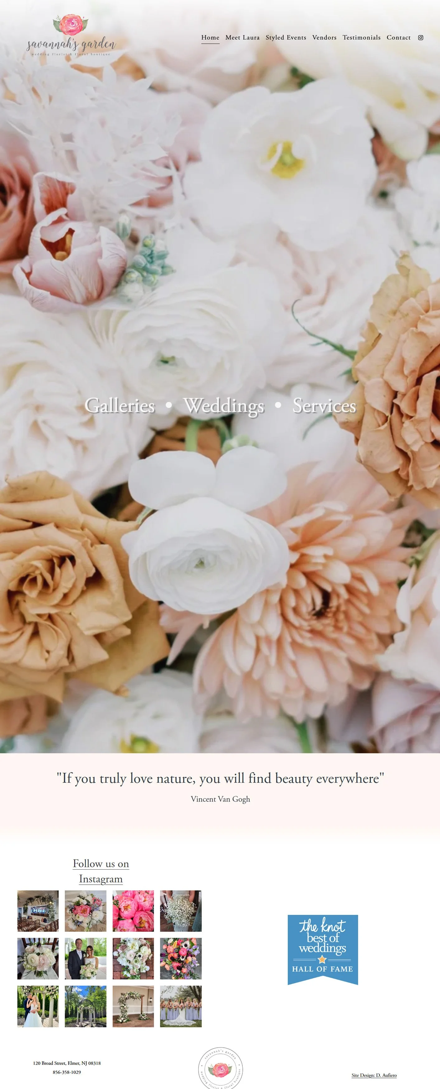 A wedding or event website homepage showing a background of soft pink and white flowers with navigation links and social media icons at the top, a quote about nature and beauty, and images of floral arrangements at the bottom.