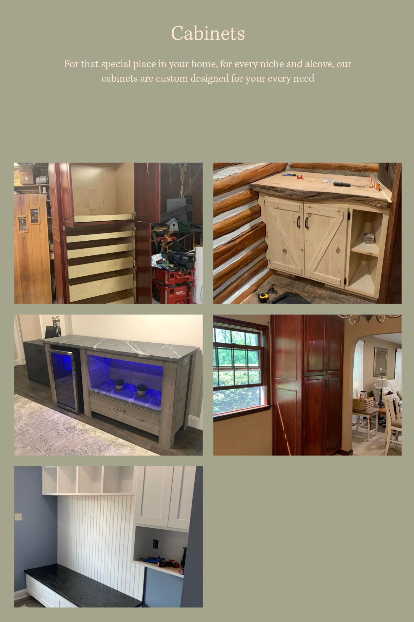 Collection of various custom cabinets and furniture in different rooms, including a wood shelving unit, a rustic log cabin cabinet, a modern marble and glass display cabinet, a pantry or closet with wooden finish, and a built-in cabinet with black countertop.