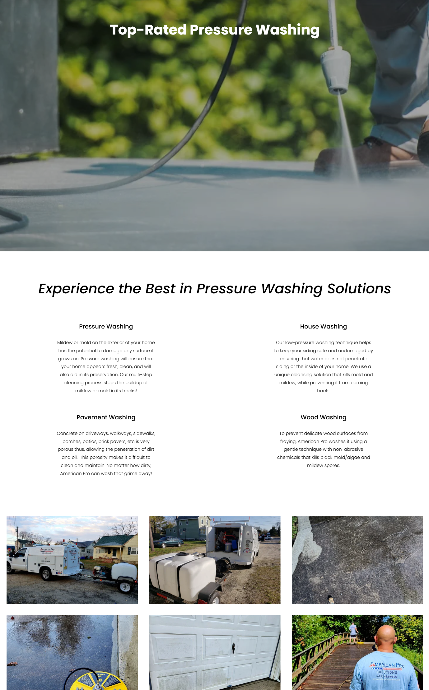 A flyer advertising pressure washing services, featuring a photo of a professional pressure washer using equipment outdoors, with sections describing different cleaning solutions for pressure washing, house washing, pavement cleaning, and wood surface cleaning, along with images of pressure washing trucks, equipment, and a person wearing a shirt with the American Pro Solutions logo.