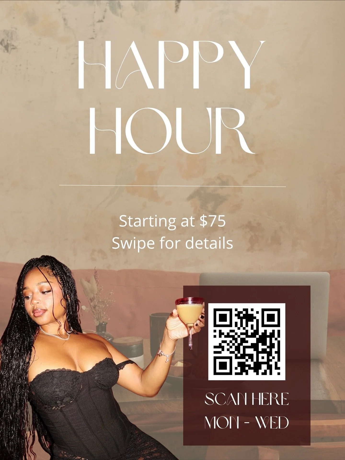 ✨ Elevate your look &mdash; effortlessly during Happy Hour. ✨

Indulge in our Happy Hour Braid Experience: where flawless craftsmanship meets timeless beauty.
For limited times every week, enjoy exclusive pricing on premium braid styles, designed to 