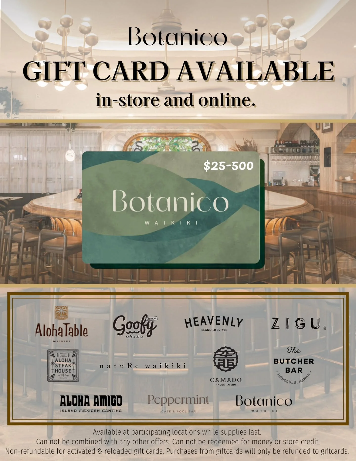 Give the gift of Botanico this holiday season! ✨️

Our gift cards are now available in-store and online!  The perfect for any celebration, big or small.

And the best part? They can also be used at all of our sister locations listed below.

Treat som