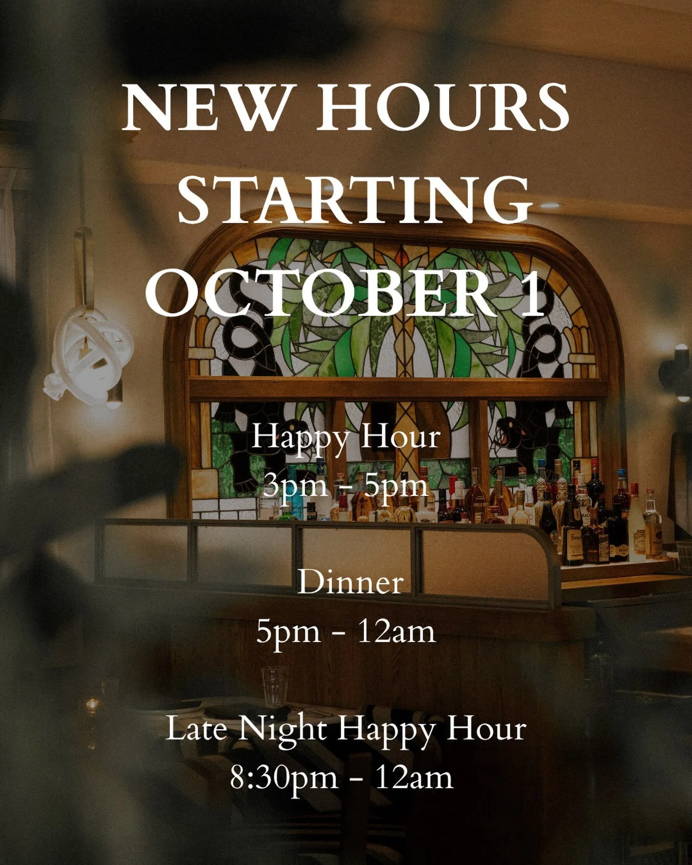 [NEW HOURS AT BOTANICO]

Starting October 1, Botanico is shifting into the evening with new hours and more time to enjoy dinner, drinks, and late nights with us.
Please note that our lunch service will end on September 30.

NEW HOURS | STARTING OCTOB