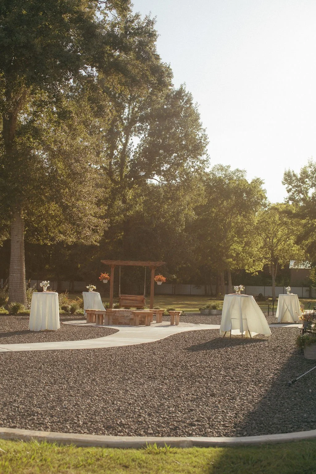 outdoor cocktail hour space at Mimosa Gardens wedding venue in Dayton, Texas