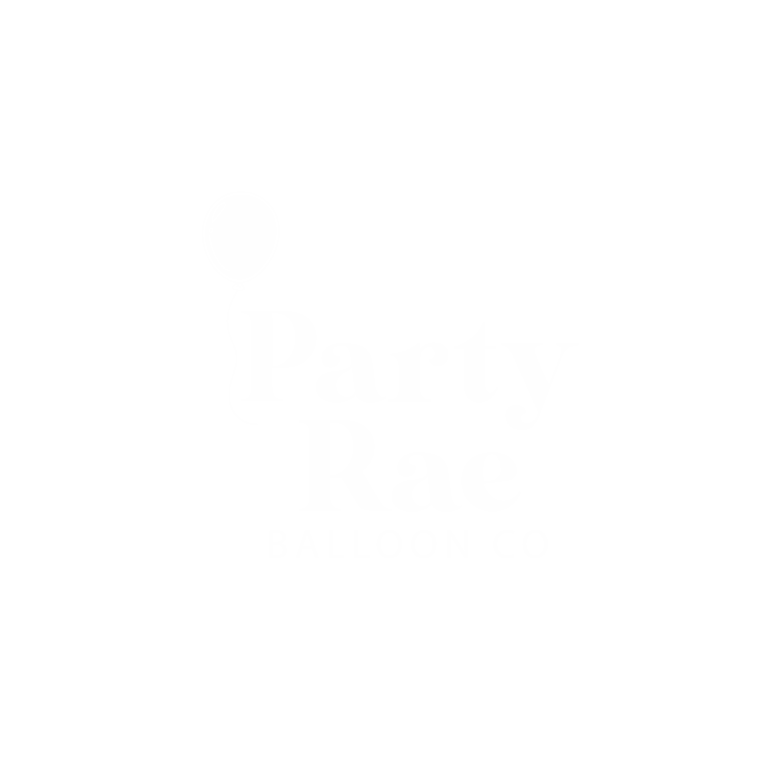 Logo for Party Rae Balloon Co with a black background, white text, and a white balloon illustration.