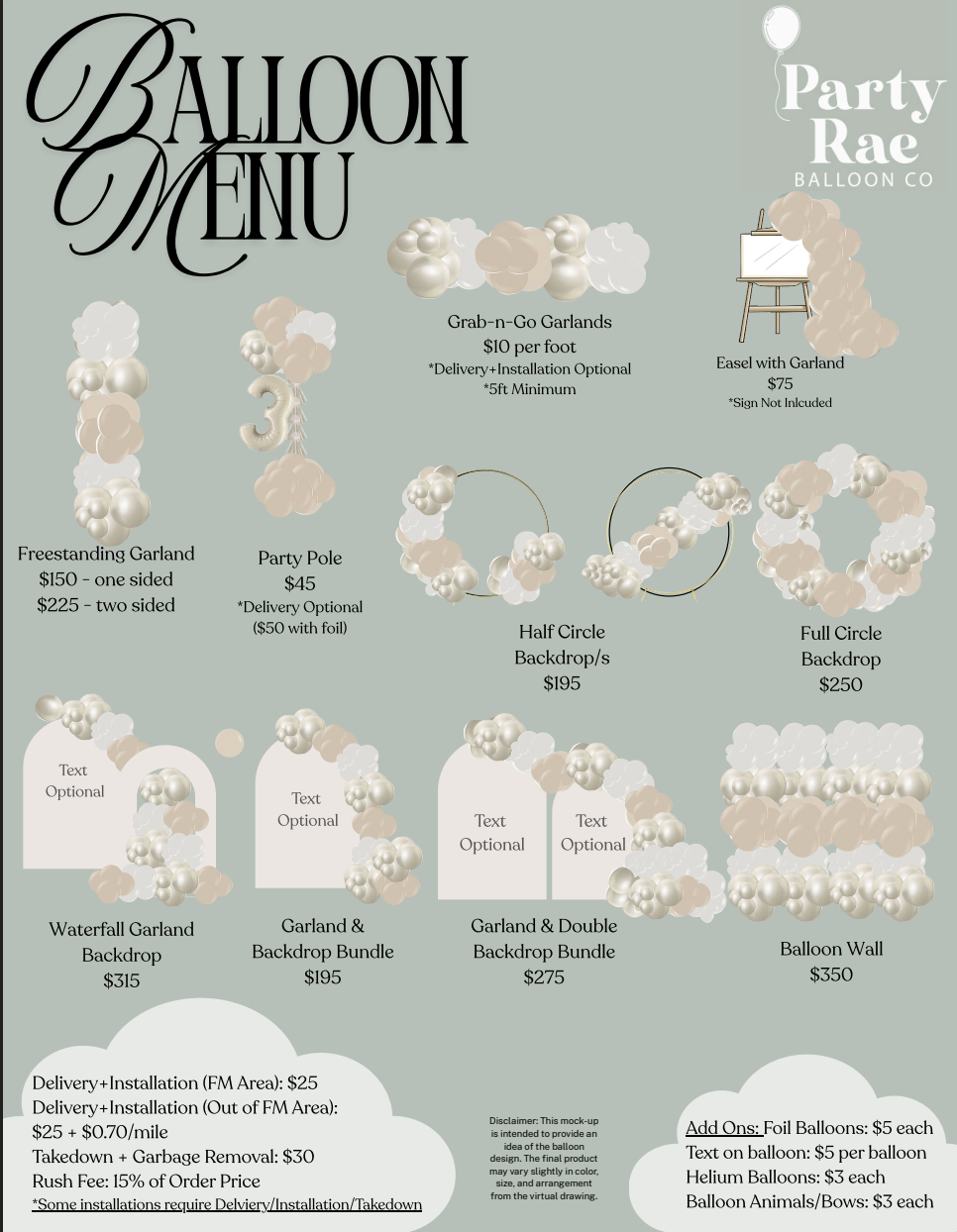 Balloon party decoration menu featuring various balloon garlands, arches, and backdrops with prices and optional text for events.