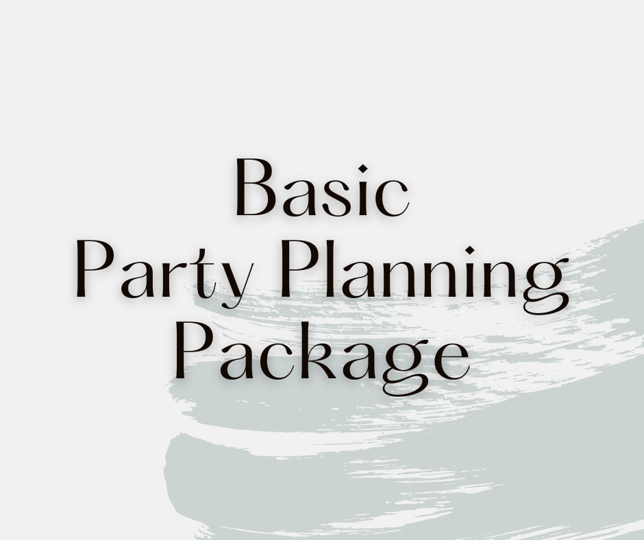Text on the image reads 'Basic Party Planning Package' over a gray and white painted background.