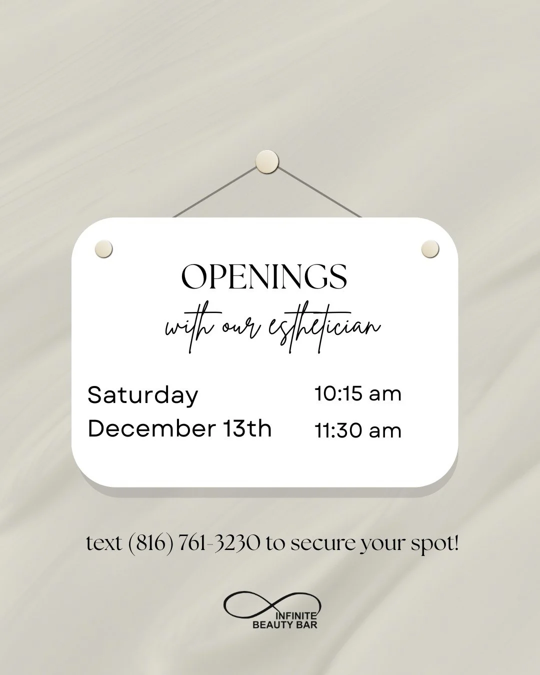 Looking to squeeze in some self-care this weekend? ✨😌 Great news! We have a few openings with our esthetician this Saturday, December 13th. Treat yourself to glowing skin, a quiet moment to recharge, or that service you&rsquo;ve been meaning to book