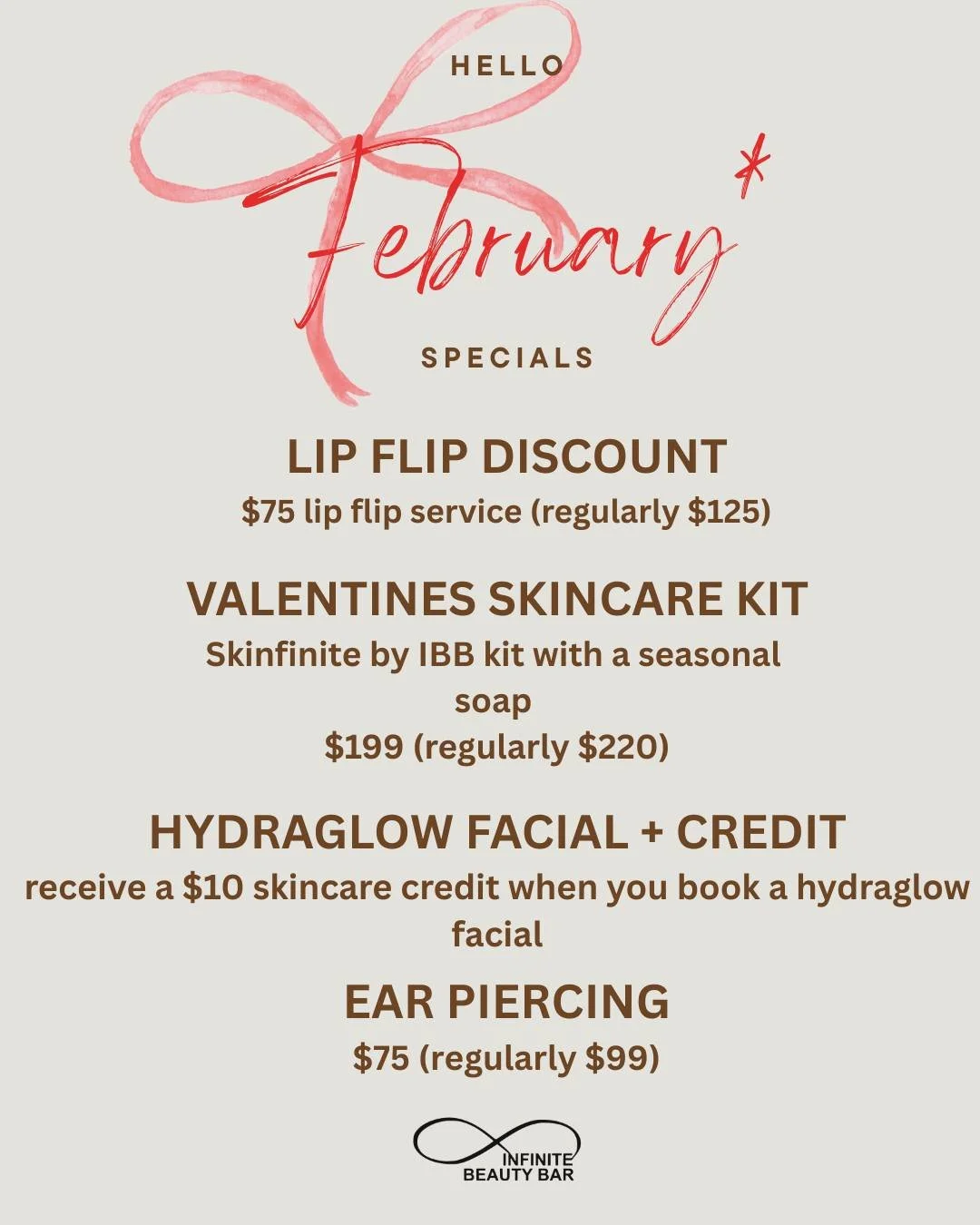 Hello February 💌 Our February Specials are officially here.
From a discounted Lip Flip to our Valentine&rsquo;s Skincare Kit and Hydraglow Facial perks&mdash;this month is all about treating yourself (or being treated 😉).
Available for a limited ti
