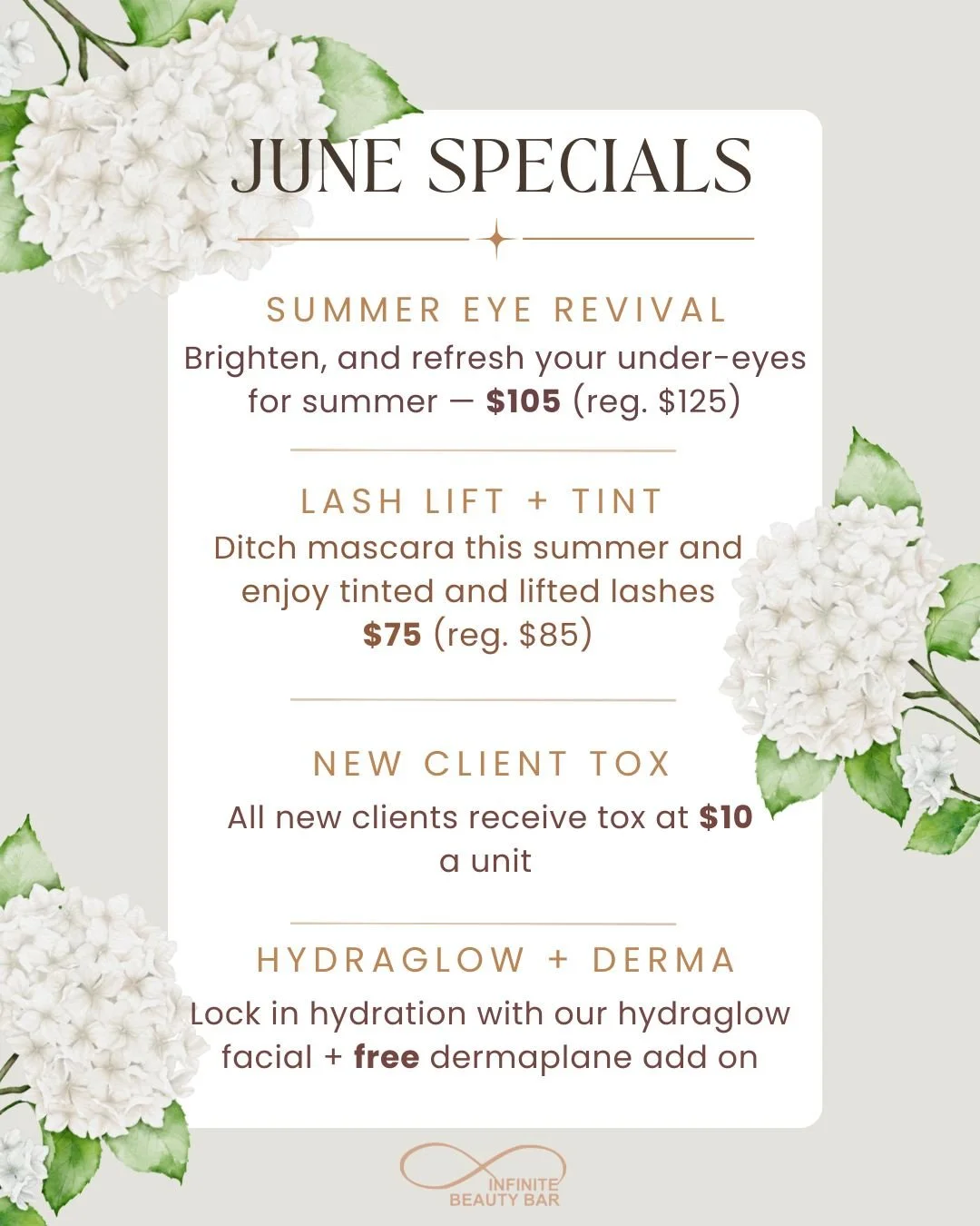 ☀️ Your summer glow starts here.

June specials have officially arrived at Infinite Beauty Bar! ✨

🤍 Summer Eye Revival &mdash; $105 (reg. $125)
🤍 Lash Lift + Tint &mdash; $75 (reg. $85)
🤍 New Client Tox &mdash; $10/unit
🤍 HydraGlow Facial + FREE