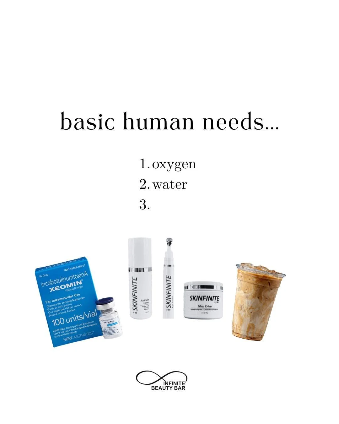 basic human needs 🤝✨

oxygen
water
tox, skincare, &amp; an iced coffee ☕💉

Lucky for you&hellip; we can help with at least two of those 😉

📍Infinite Beauty Bar
📱(816) 761-3230 text or call
🔗 www.infinitebeautybar.biz