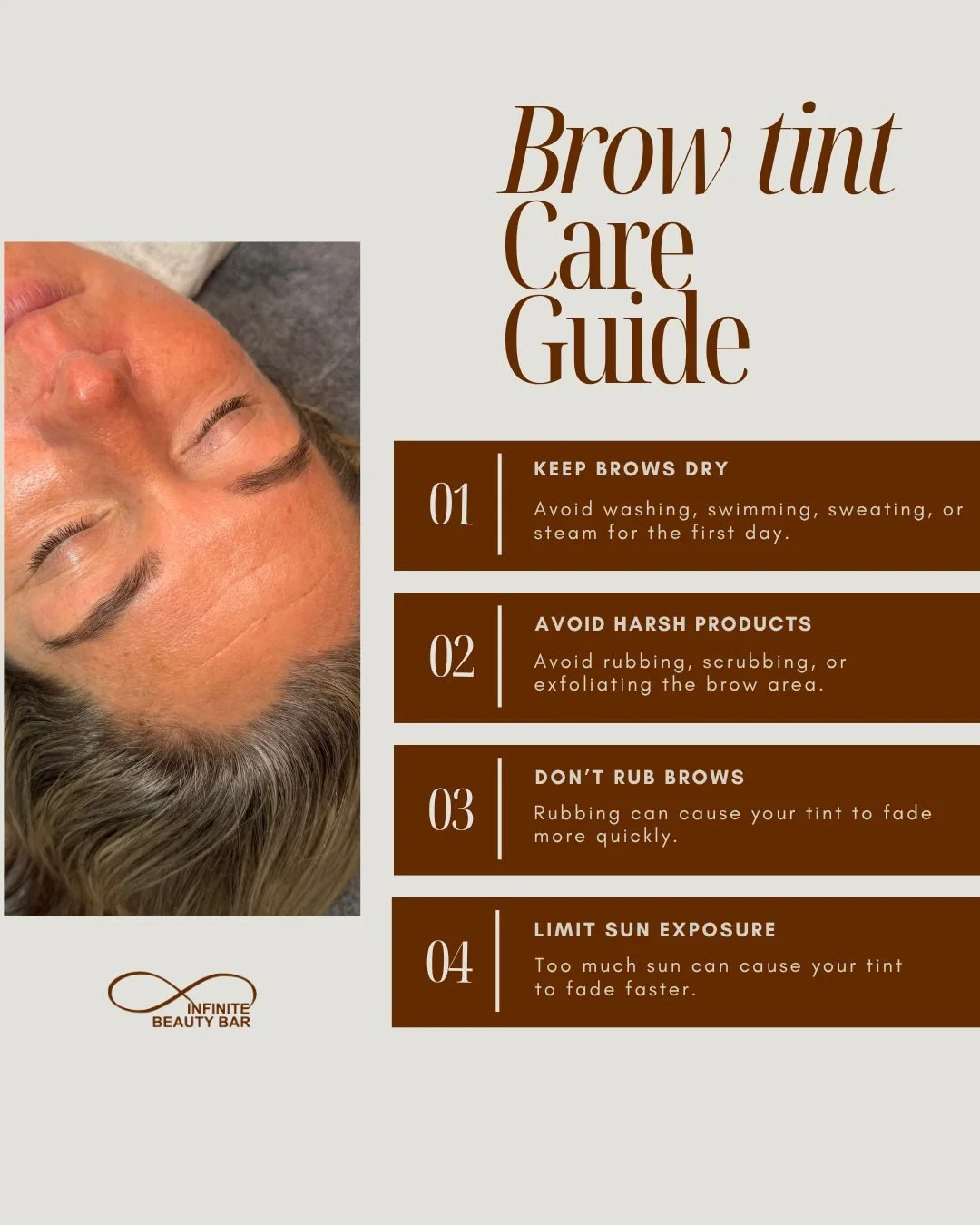 Fresh brows, fresh confidence. ✨

Your brow tint is designed to enhance your natural brows with richer color and definition&mdash;help it last as long as possible with proper aftercare! 🤎

✔️ Keep brows dry for 24 hours
✔️ Avoid harsh products aroun