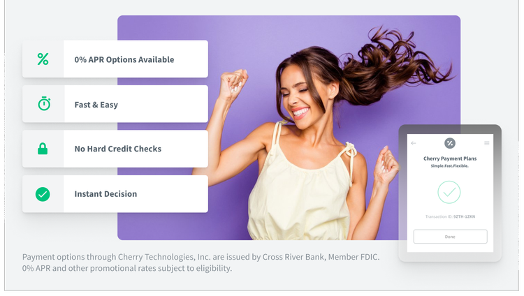 A woman with long hair smiling and dancing against a purple background, with graphics displaying benefits of Cherry Payment Plans including no hard credit checks and instant decision.