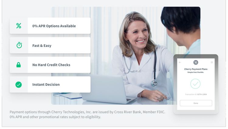 A healthcare professional smiling and talking with a patient in a consultation room, with promotional text about Cherry Payment Plans on the left and a mobile device displaying a payment confirmation on the right.