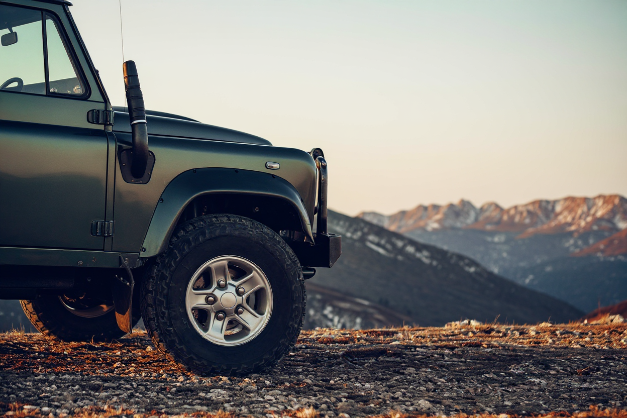 Close-up of the front left side of a green off-road vehicle with mountain landscape in the background at sunset in Medford, Oregon.