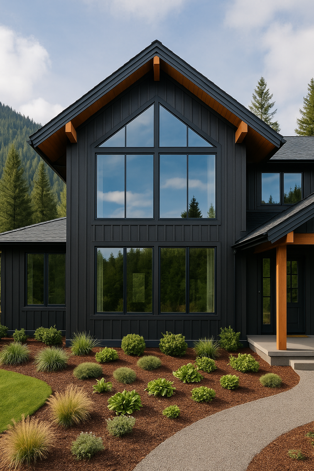 Modern black house with large glass windows, surrounded by green landscaping and mountains in the background in Medford, Oregon.
