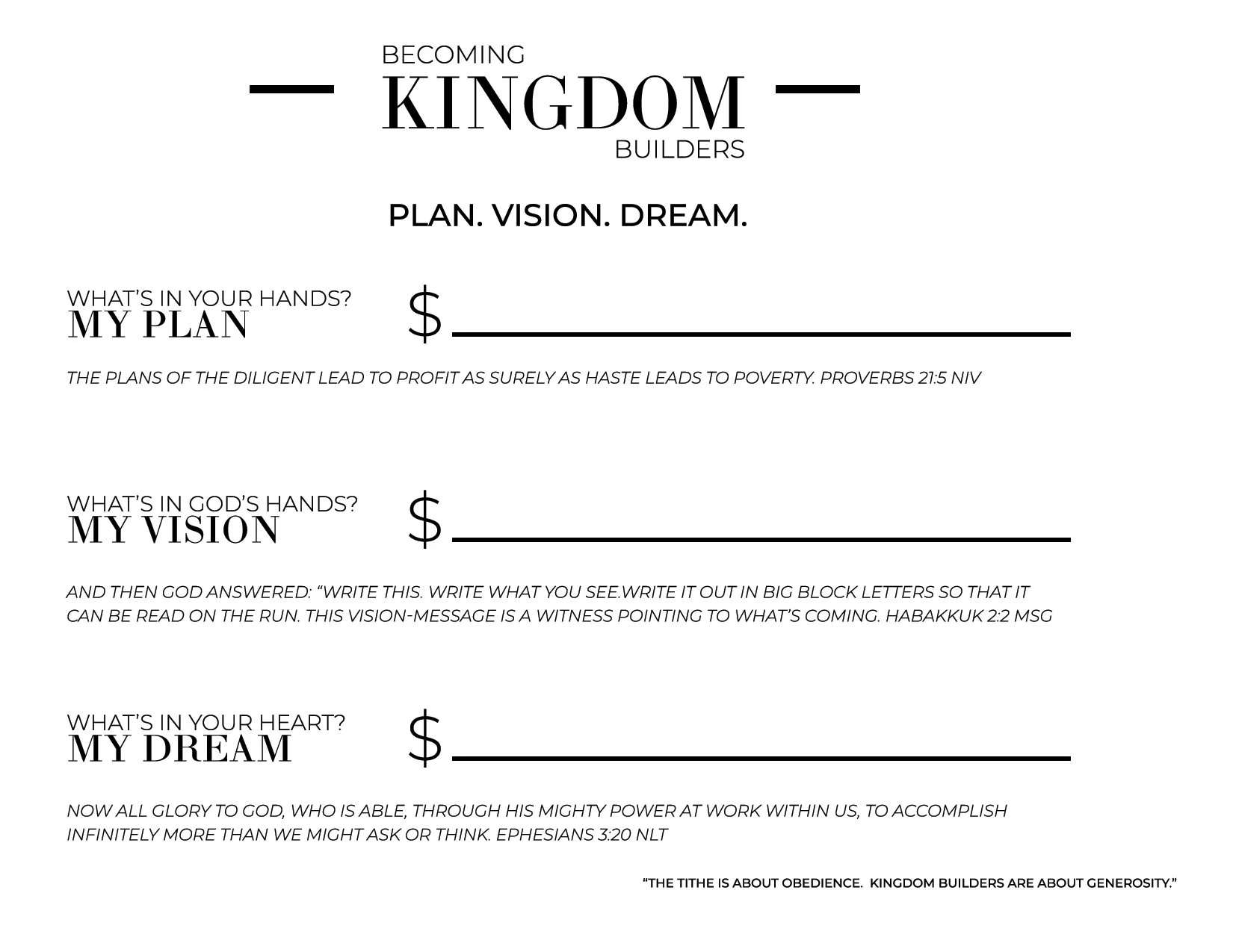 A motivational and spiritual worksheet titled 'Becoming Kingdom Builders' with sections including 'Plan. Vision. Dream.', asking 'What&rsquo;s in your hands?', 'What&rsquo;s in God&rsquo;s hands?', and 'What&rsquo;s in your heart?', each with space for writing dollar amounts. Contains Bible quotes from Proverbs 21:5, Habakkuk 2:2, and Ephesians 3:20.