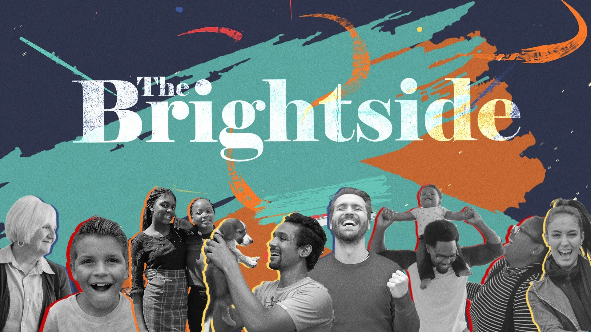Collage of diverse people and children smiling and enjoying with social and community themes, with the text "The Brightside" over a colorful abstract background.