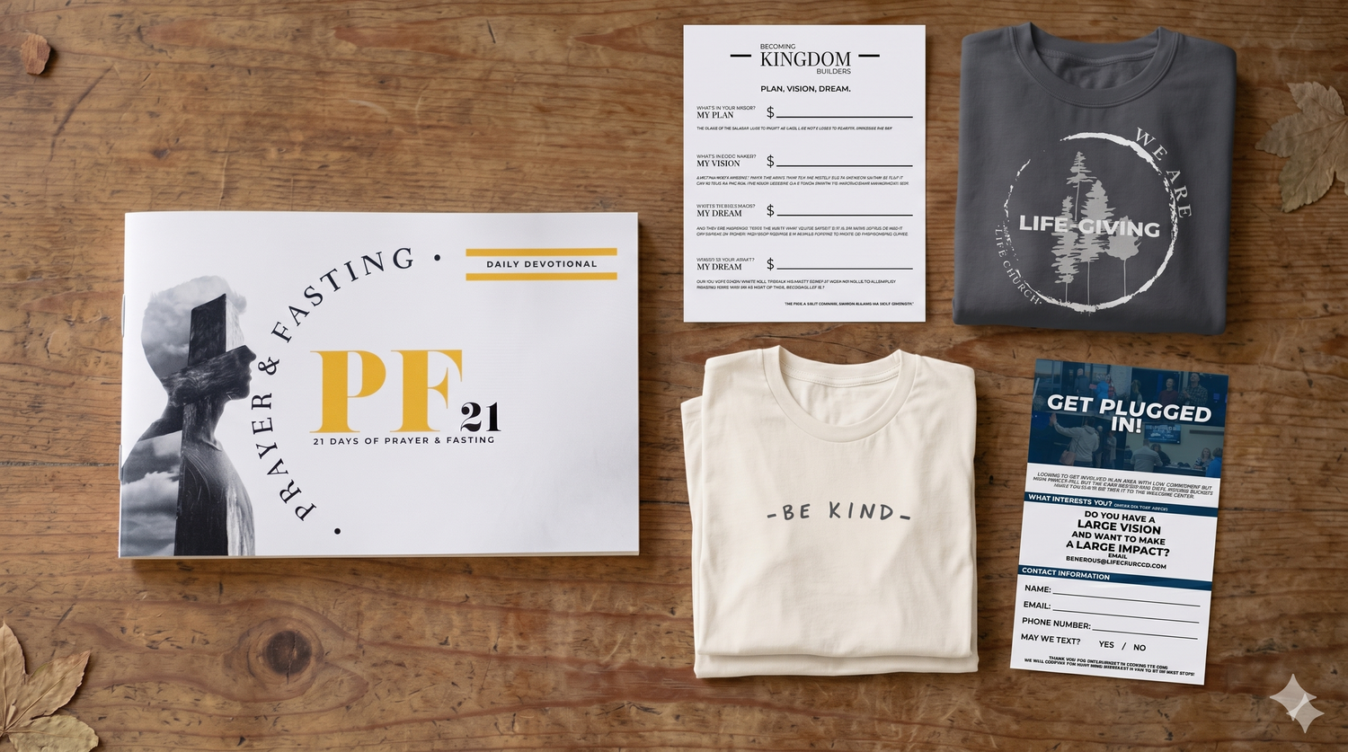 Church event materials and volunteer shirts