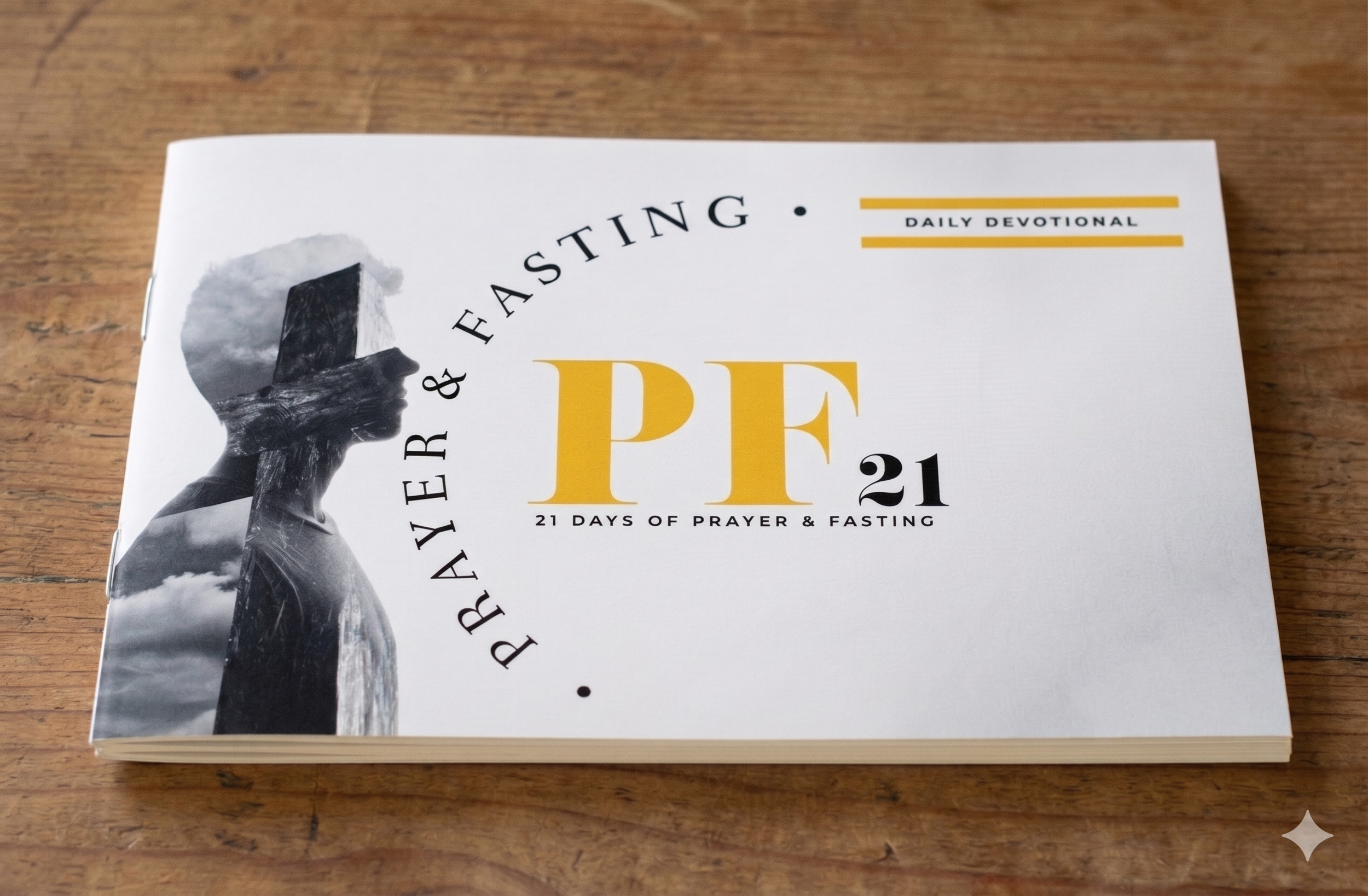 A book titled 'PRAYER & FASTING' with a subtitle '21 DAYS OF PRAYER & FASTING' on a wooden surface.