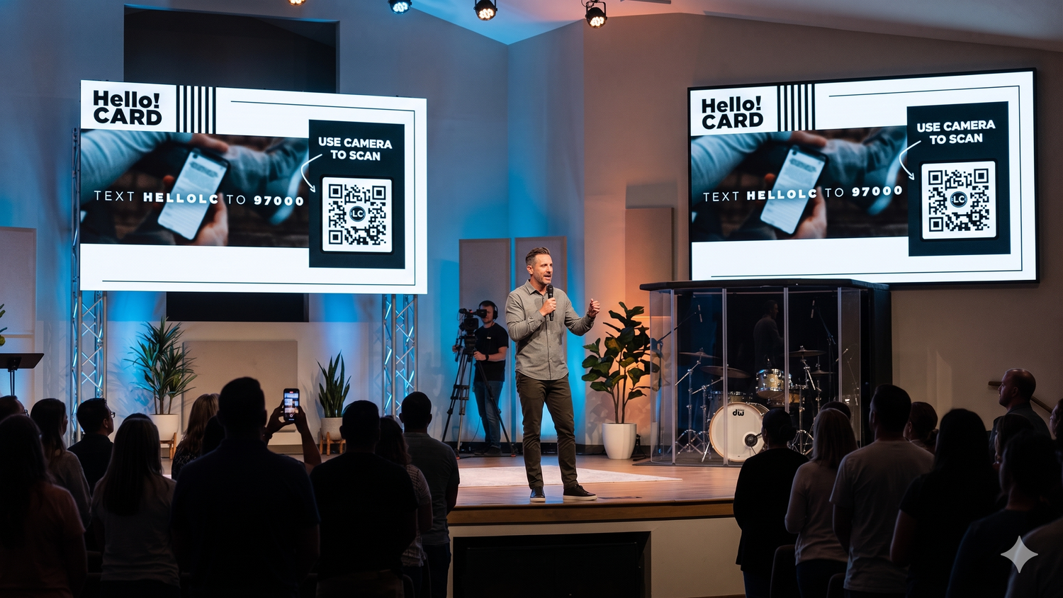 Speaker on stage with series graphics on screens