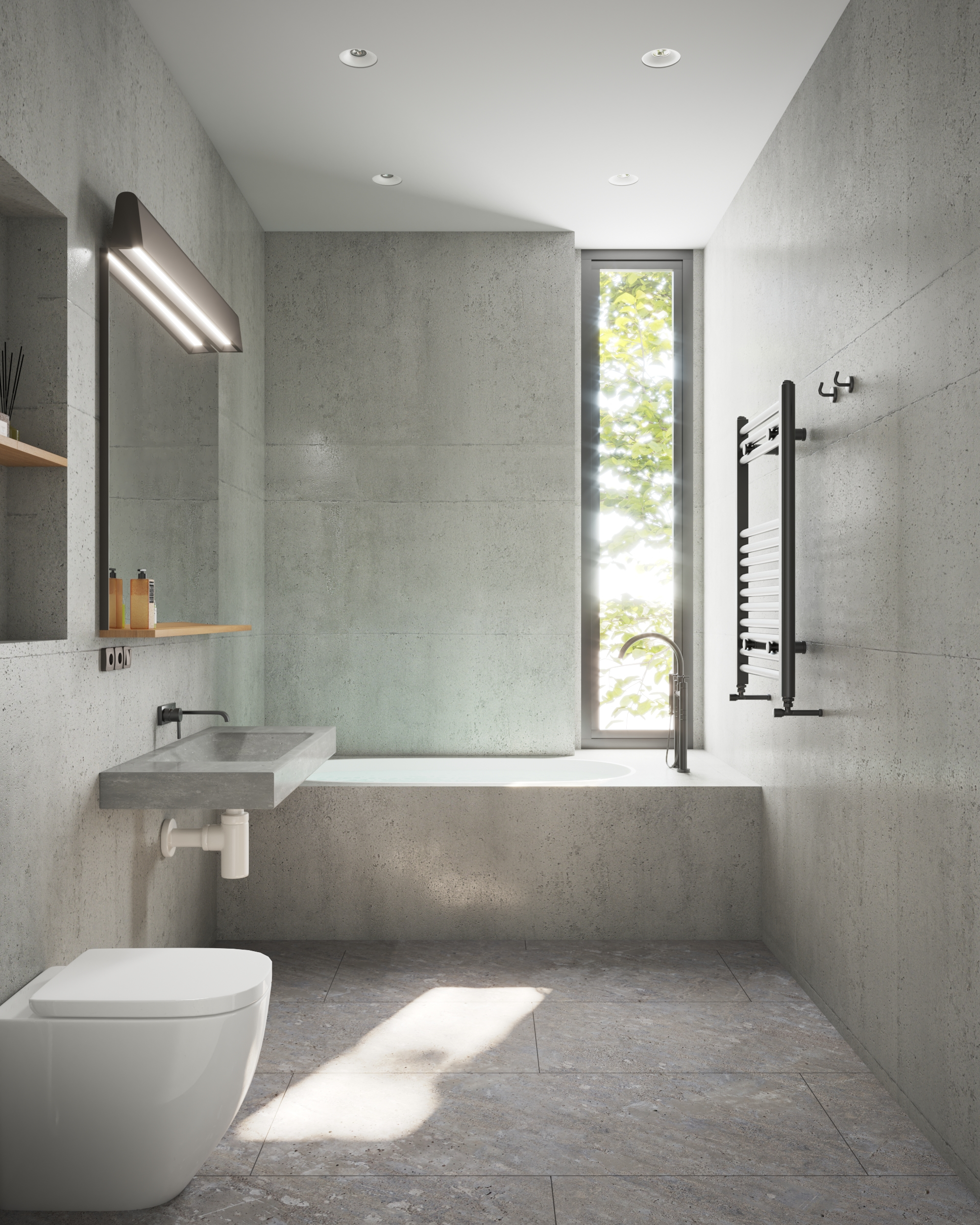 Modern bathroom with concrete walls and floor, a white toilet, a concrete sink, a large window with greenery outside, a black and white heated towel rail, and floating wooden shelves.