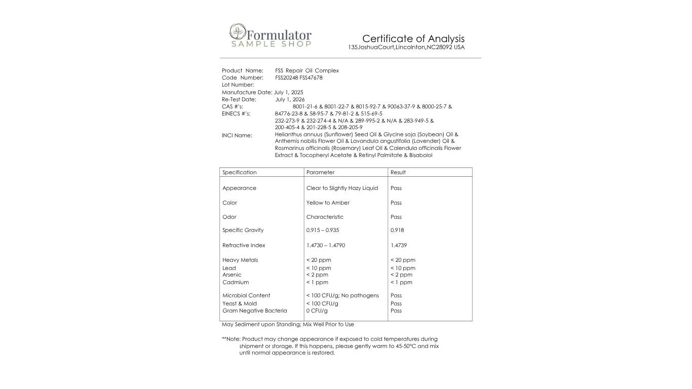 Certificate of analysis for FSS Repair Oil Complex from Formulator Sample Shop, including product details, specifications, and test results.