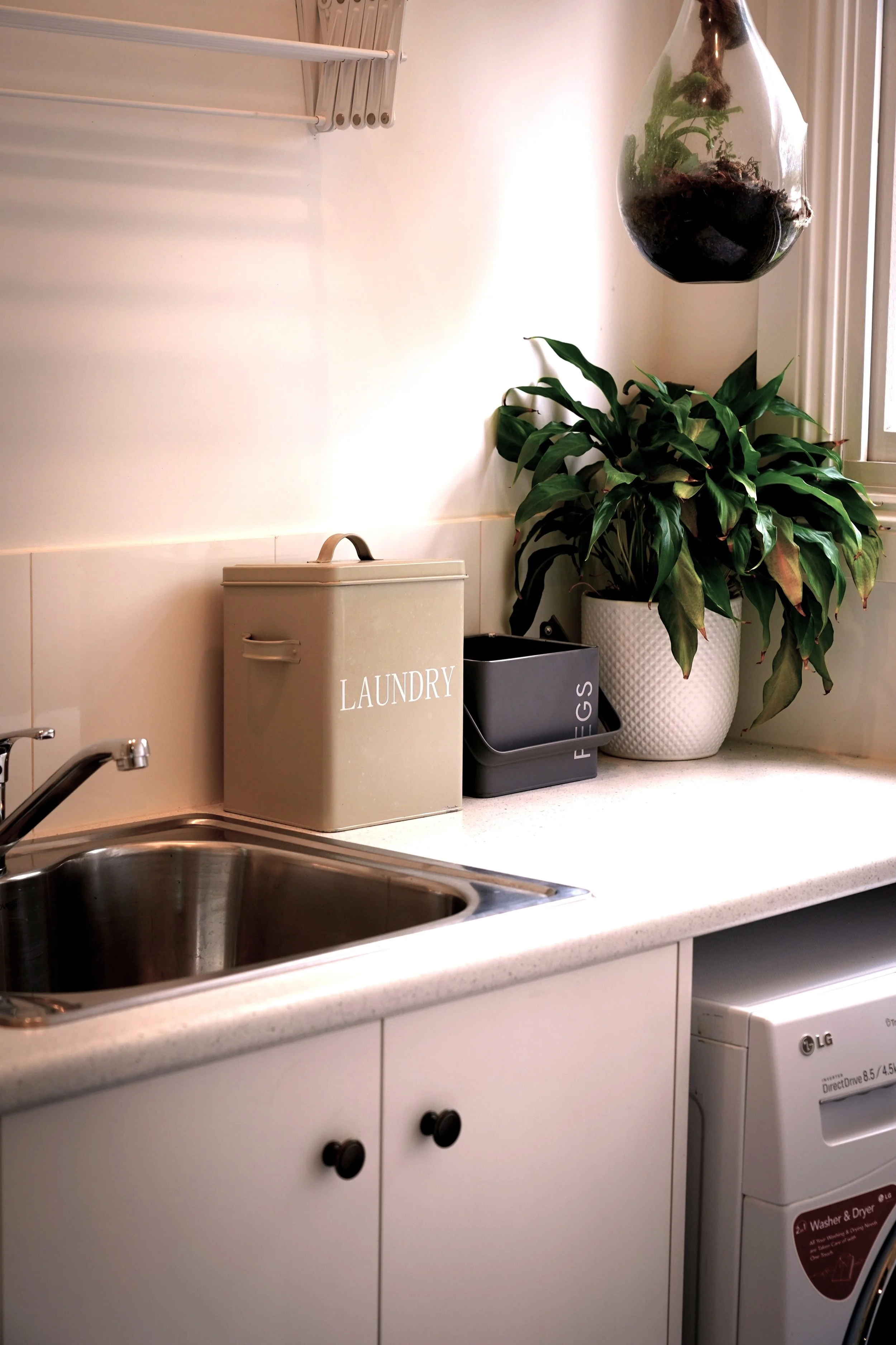 Laundry area with a sink, a beige laundry box, a black container labeled 'FUGS', a potted plant, and a hanging glass terrarium with green plants inside.