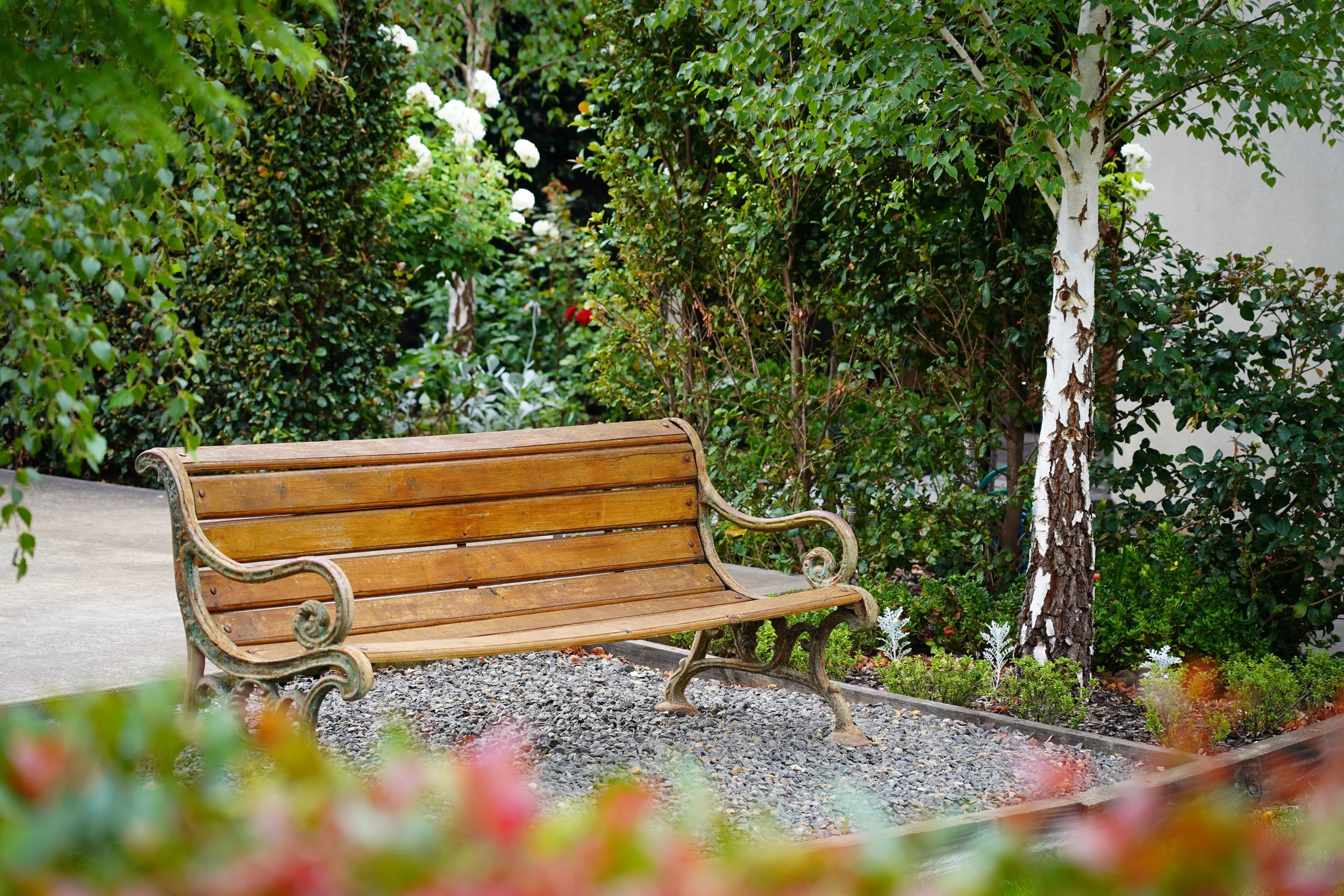 A wooden park bench with ornate metal armrests and legs placed on gravel, surrounded by green bushes, trees, and flowering plants in a garden setting.