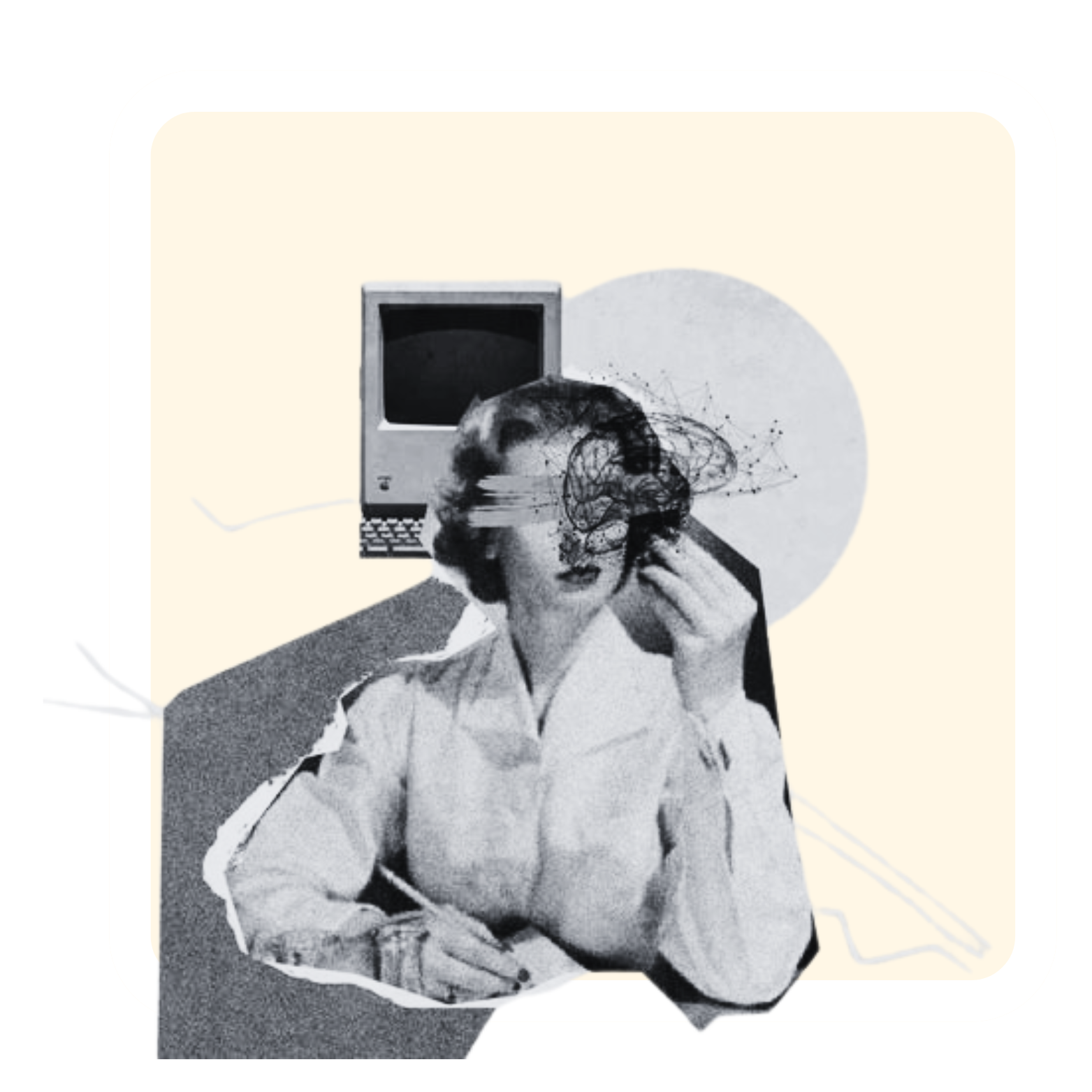 A collage with a woman in vintage attire, a computer monitor, and abstract digital brain illustration