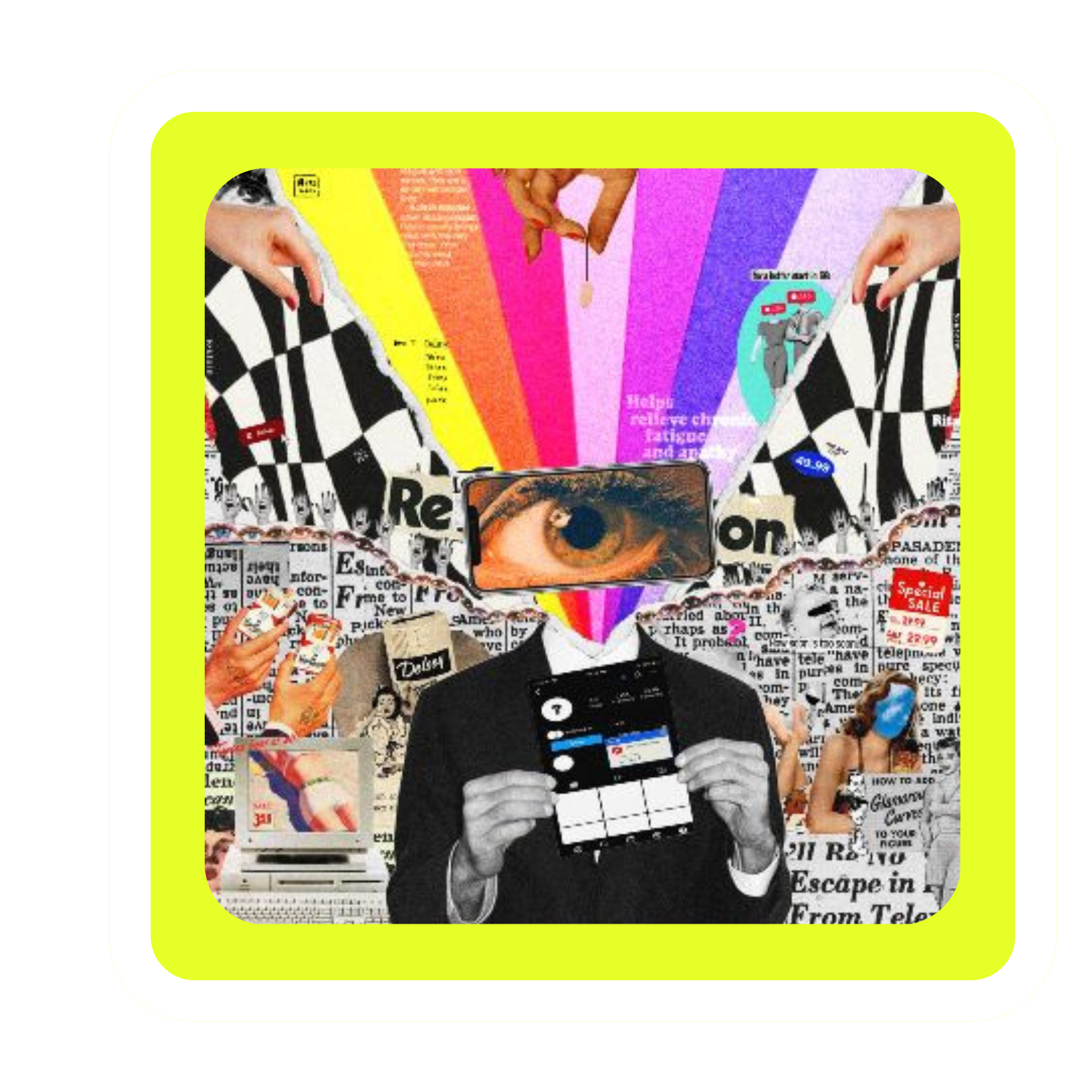 Collage of images including a person holding a tablet with a mobile app, a close-up of an eye, various hands holding phones, newspaper clippings, colorful ribbons, and illustrations, creating an abstract and vibrant composition.