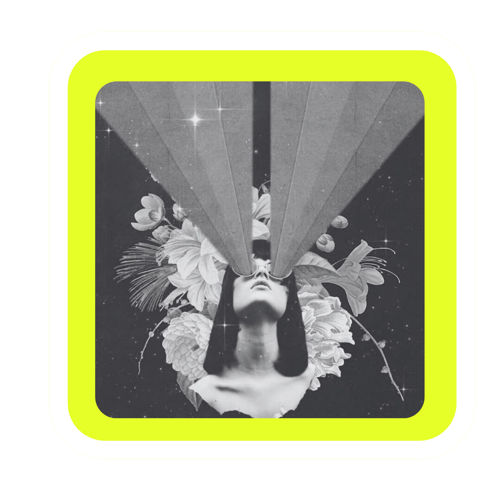 A surreal black-and-white digital collage featuring a woman with flowers around her head, cosmic elements in the background, and two large paper planes flying over her eyes.