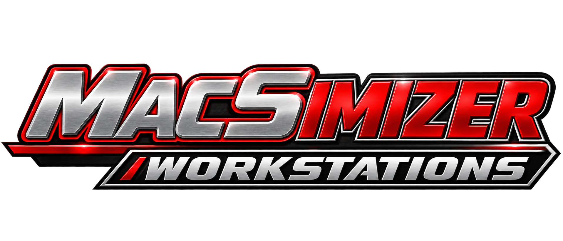 Logo for MacSimzer Workstations with metallic silver and red text on a black background