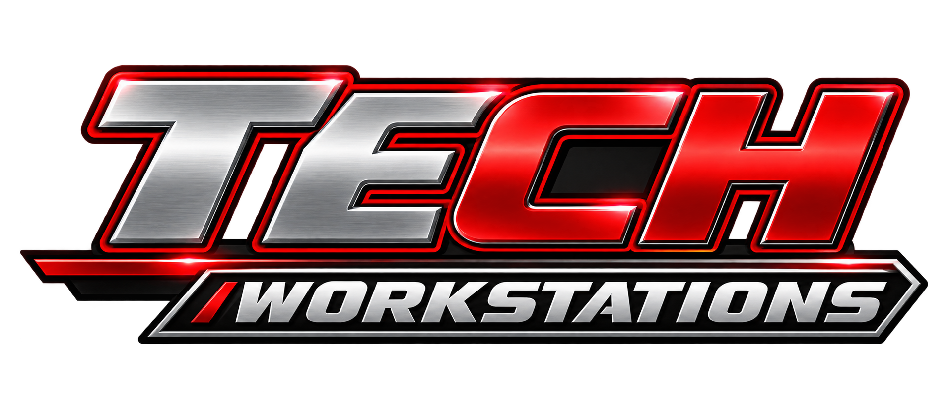 Logo for Tech Workstations with a metallic and red design.