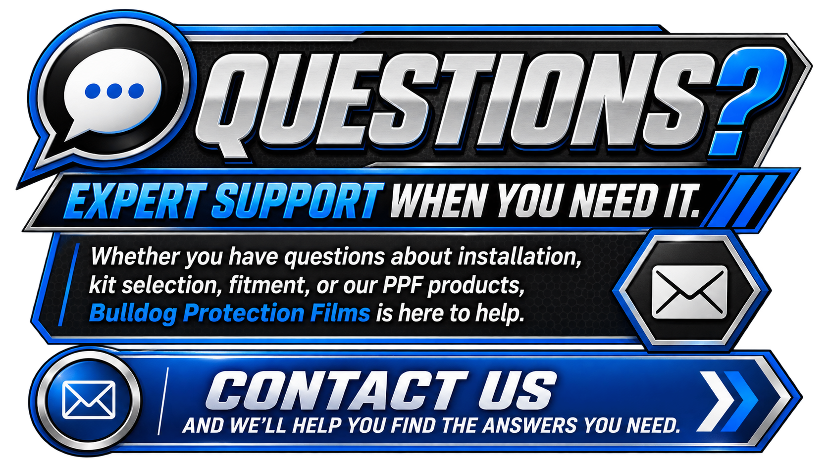 Graphic advertisement for expert support with questions about installation, kit selection, fitting, or PPF products, featuring a message to contact for assistance and support.