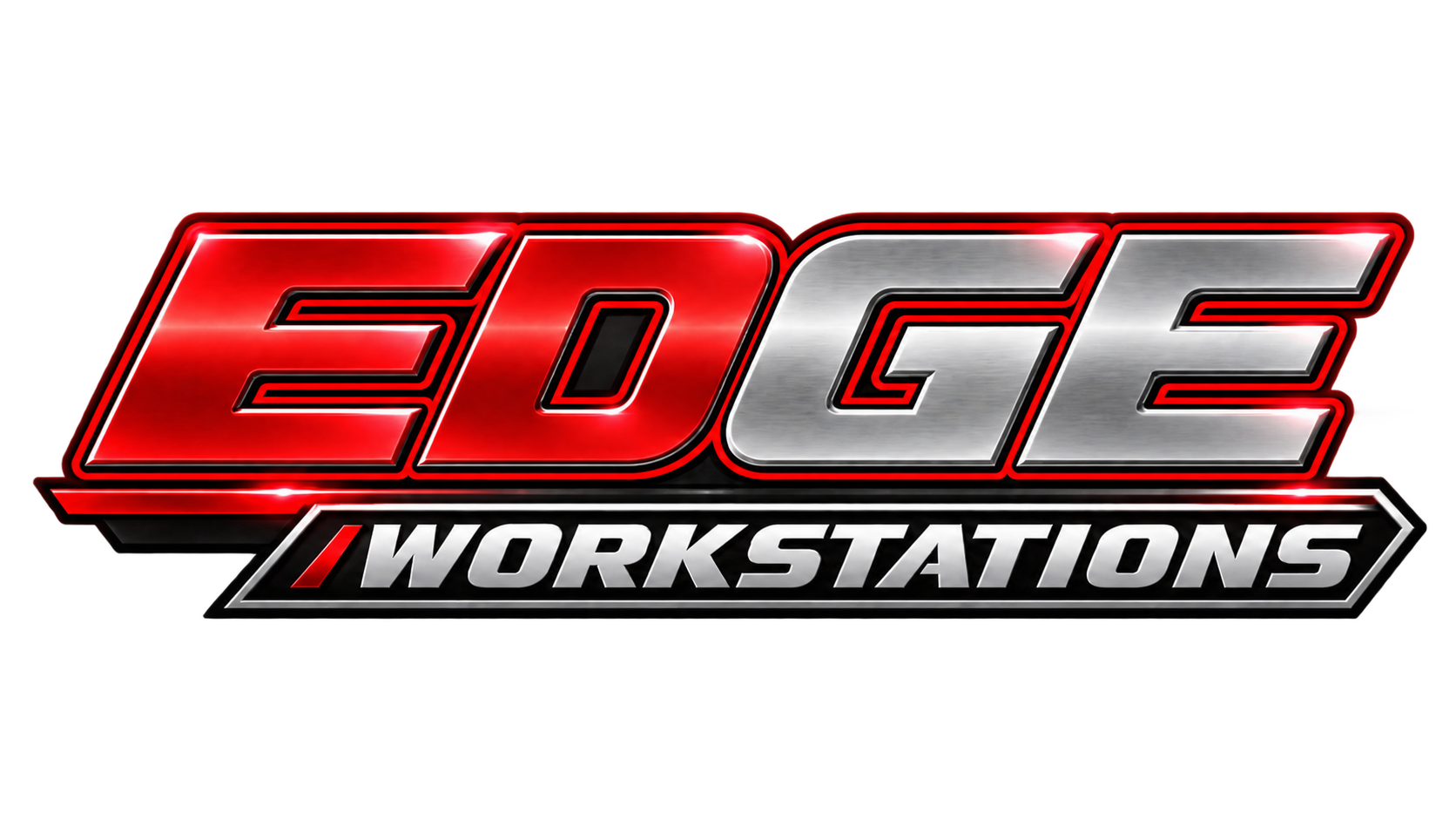 Logo for Edge Workstations with bold red and silver text and a black background.
