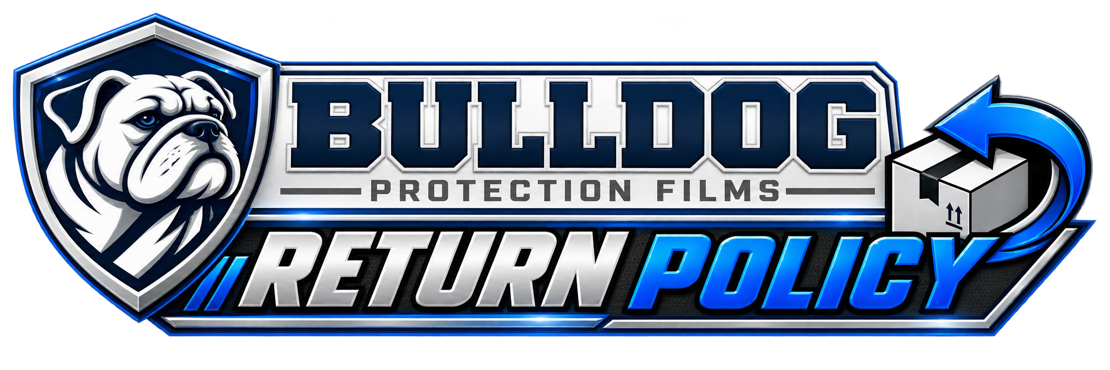Logo for Bulldog Protection Films Return Policy featuring a bulldog face, shield emblem, and a box with an arrow indicating return.