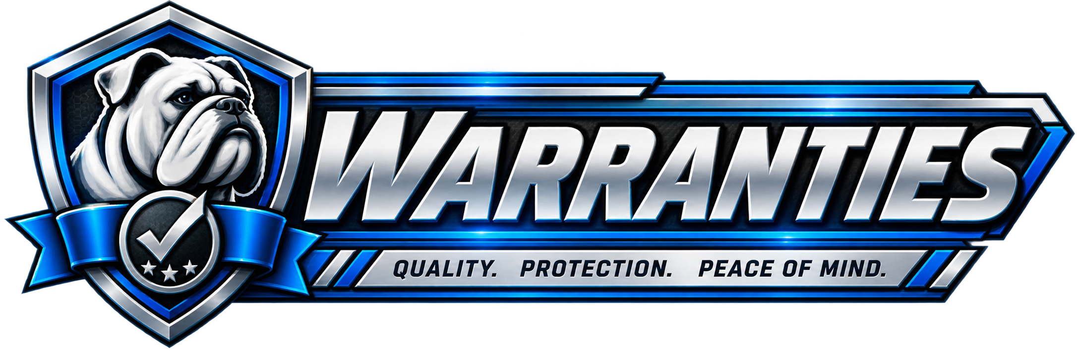 Logo for Warranty information featuring a bulldog's head with a stern expression, a shield, a checkmark, and the words 'Quality. Protection. Peace of Mind.' in a bold, metallic font.