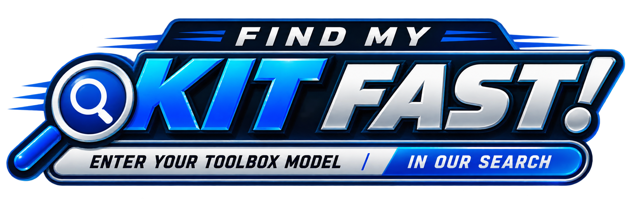 Logo for 'Find My Kit Fast', featuring a magnifying glass and text, with a blue and black color scheme, promoting entering your toolbox model in a search.