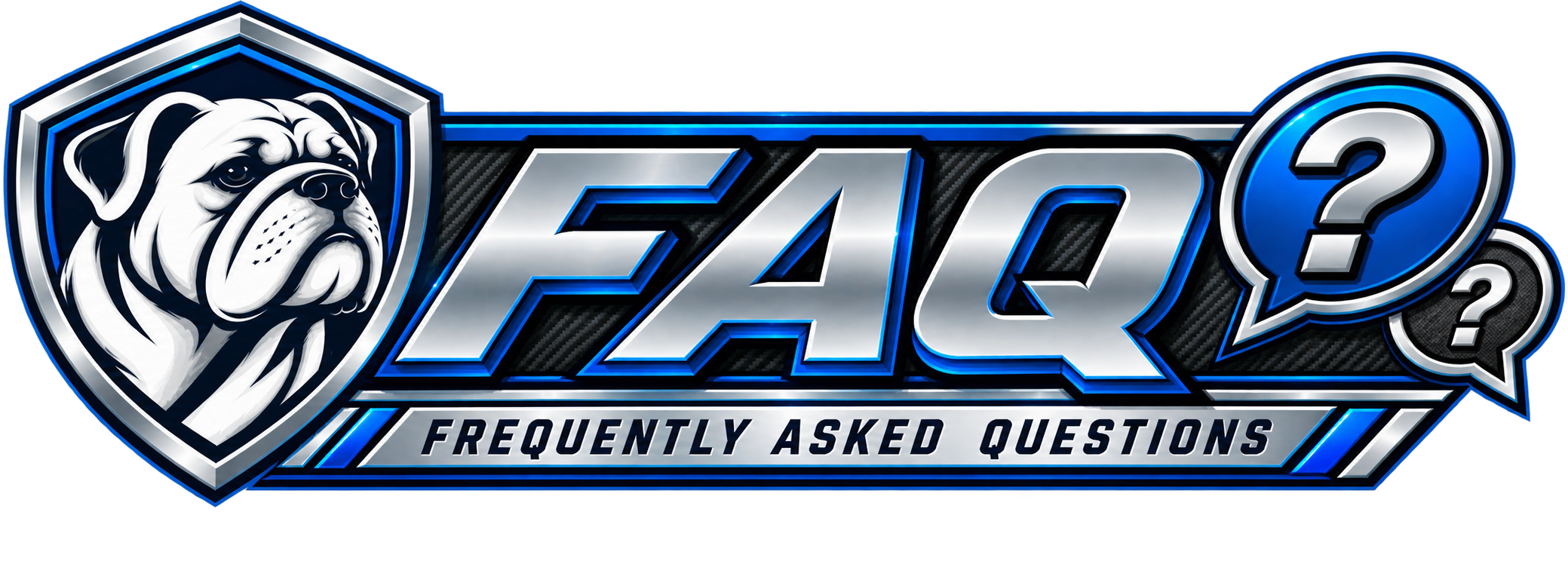 A logo featuring a bulldog inside a shield on the left, with stylized text reading 'FAQ?' in large letters, and the words 'Frequently Asked Questions' below, all in a metallic blue and silver color scheme. faq page logo
