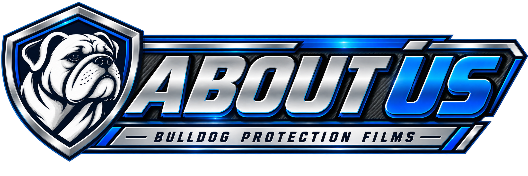 Logo for 'About Us: Bulldog Protection Films', featuring a bulldog's face on a shield and bold blue, silver, and black text.