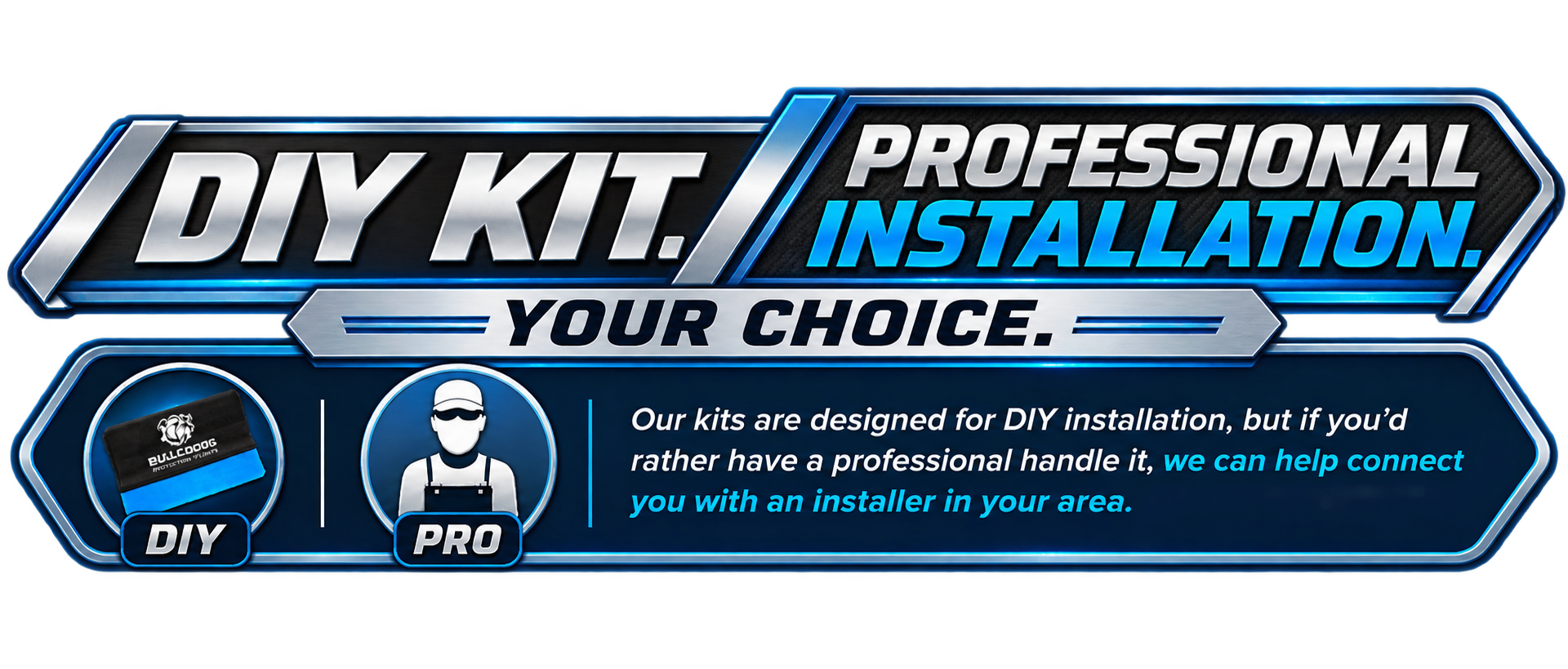 A promotional graphic for DIY kit professional installation services, featuring options for DIY or professional installer, with an emphasis on customer choice and connect with an installer.